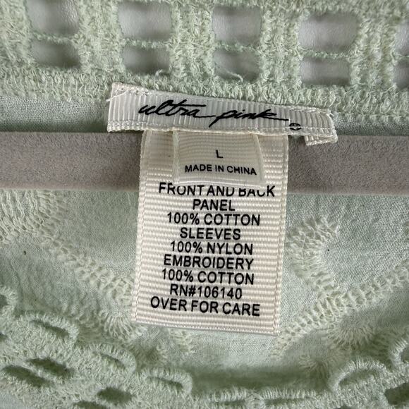 Bohemian Crochet Mesh Ultra Pink Top Large Mint Green Bell Sleeve Embroidered - Picture 10 of 13